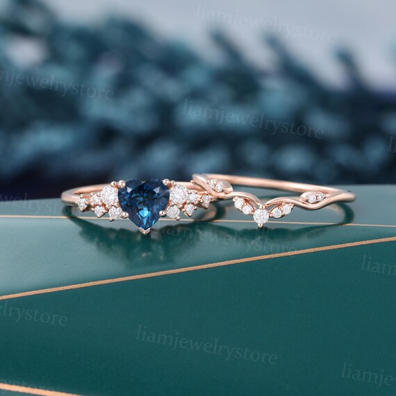 Heart Cut London Blue Topaz Engagement Ring Set Art Deco Rose Gold