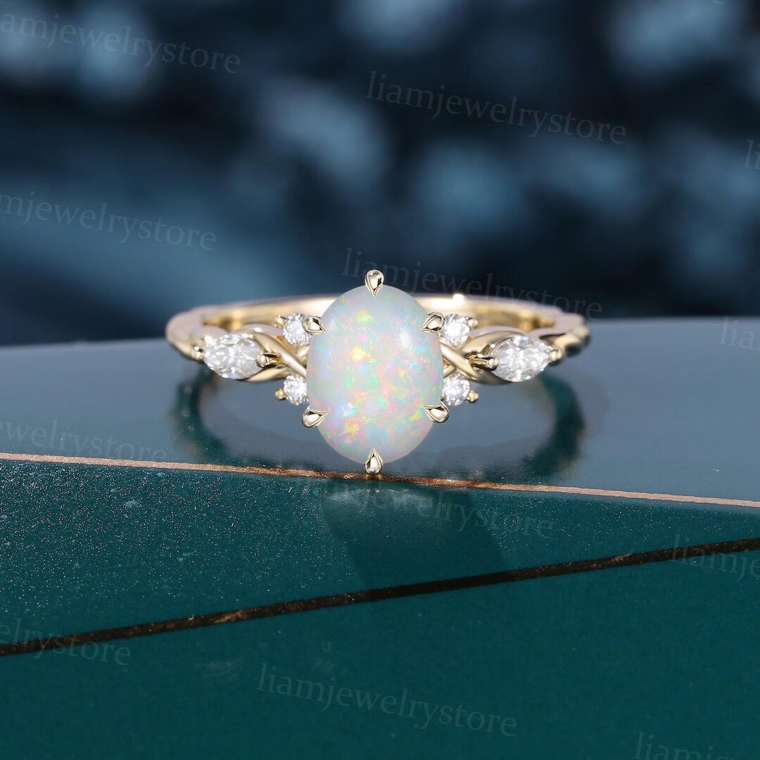 Oval Cut Opal Engagement Ring Vintage Yellow Gold Unique 3/4 Twist ...