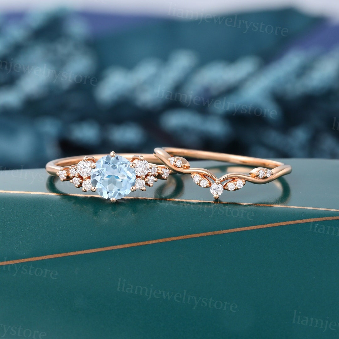 Vintage Aquamarine Engagement Ring Set Unique Rose Gold
