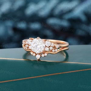 Vintage Moissanite engagement ring set Unique Rose gold engagement ring Round cut Diamond cluster ring Bridal wedding ring set promise ring image 3