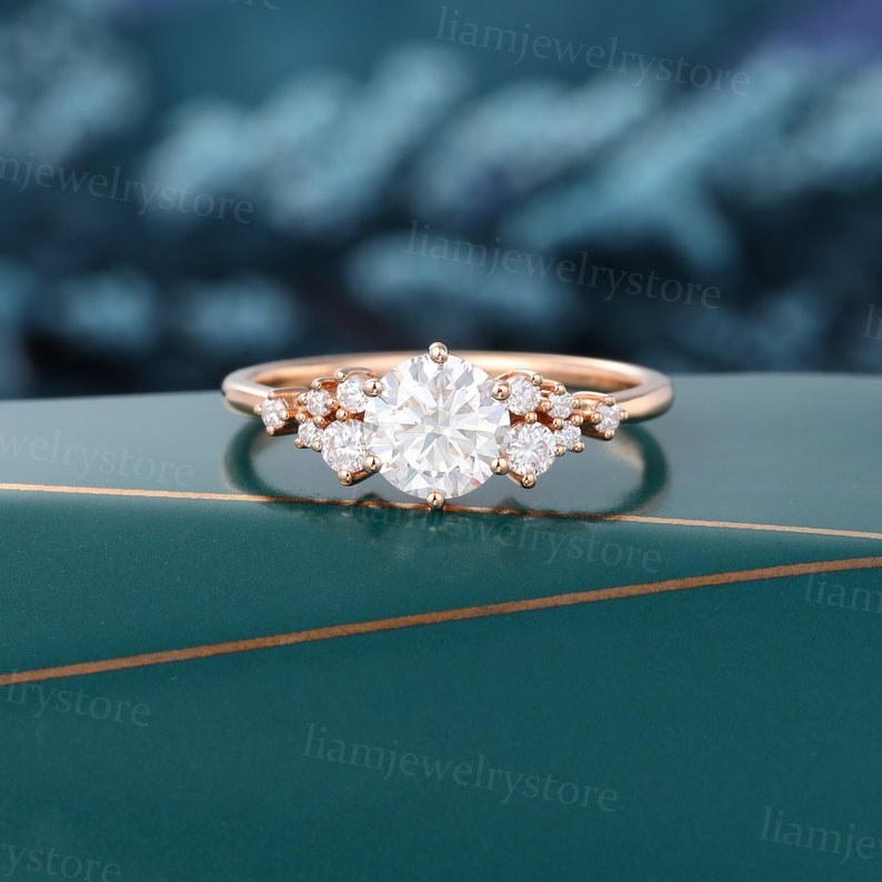 Vintage Moissanite engagement ring set Unique Rose gold engagement ring Round cut Diamond cluster ring Bridal wedding ring set promise ring image 6