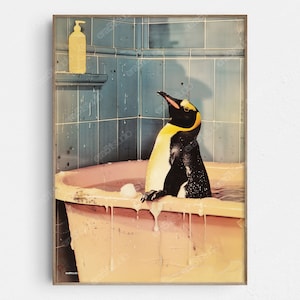 May include: A yellow and black penguin taking a bath in a pink bathtub with white bubbles. The penguin is looking up at the ceiling. The bathroom is tiled in blue and white.
