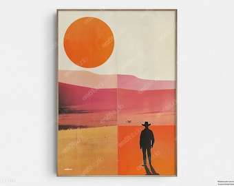 Wild West Cowboy Sunset Silhouette - Original Mid-Century Modern Minimalist Wall Art - Printable Digital Download