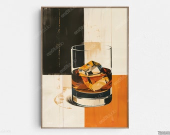 May include: A glass of amber-colored liquid with ice cubes, set against a background of black, white, and orange painted wood panels.