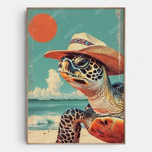 May include: A vintage-style poster featuring a sea turtle wearing a cowboy hat. The turtle is facing to the right and has a green and brown shell. The background is a blue sky with white clouds and a turquoise ocean with white waves. The sun is a bright orange circle in the upper left corner.