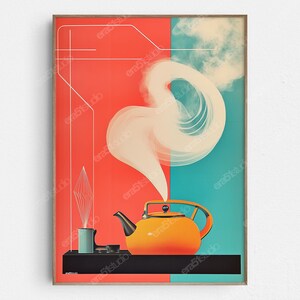 Steamy Teapot Vibes - Oryginalna, minimalistyczna sztuka ścienna w stylu Mid-Century Modern - Do wydrukowania w wersji cyfrowej