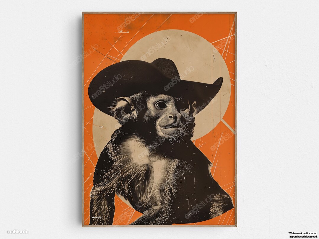 Tamarin Monkey Cowboy - Original Mid-century Modern Minimalist Wall Art ...