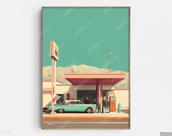 Vintage Route 66 Gas Station - Original Mid-Century Modern Minimalist Wall Art - Printable Digital Download