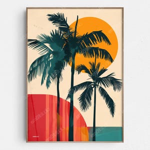 Peut inclure: Une impression d'art numérique représentant une illustration de style rétro de trois palmiers en silhouette contre un coucher de soleil aux couleurs rouge, orange et jaune.