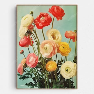 May include: A bouquet of colorful ranunculus flowers in shades of pink, yellow, and red. The flowers are arranged in a vase and have green stems and leaves.