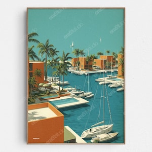 Peut inclure: Une impression d'art encadrée représentant une scène côtière avec des bâtiments orange, des palmiers et des bateaux dans une marina. L'œuvre présente un ciel et une eau turquoise, avec une esthétique rétro et stylisée. L'impression est dans un cadre marron.