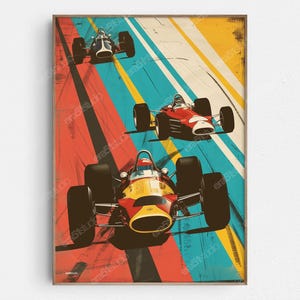 May include: A vintage poster featuring three race cars on a colorful racetrack. The cars are red, yellow, and black, and the track is a mix of blue, yellow, and red stripes.