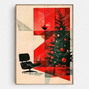 May include: Framed art print featuring a mid-century modern interior with a Christmas tree. The artwork uses geometric shapes in red, black, and cream colors. A black chair and a gift box are also visible.