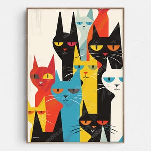 Gatti retrò - Arte da parete minimalista moderna originale di metà secolo - Download digitale stampabile