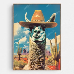 May include: A framed print depicting a llama in a cowboy hat, set in a desert scene with cacti and a blue sky. The llama has a cheerful expression. The artwork is in a vintage style with retro colours.