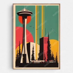 Seattle Space Needle Sunset - Original Mid-Century Modern Minimalist Wall Art - Printable Digital Download