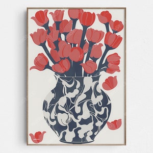 Può includere: Uno sfondo bianco con un'illustrazione incorniciata di un vaso con motivo blu e bianco pieno di tulipani rossi.