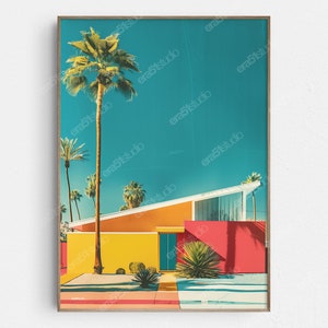 Farbenfrohes Midcentury Haus - Original Mid-Century Modern Minimalistische Wandkunst - Druckbare digitaler Download