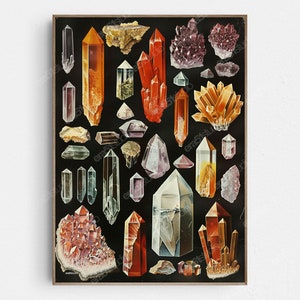 May include: A vintage illustration of various crystals and gemstones on a black background. The crystals are in different shapes and sizes, and they are all brightly colored. The illustration is framed in a brown frame.
