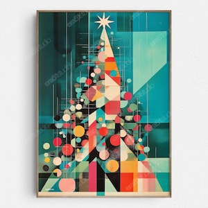 May include: Abstract Christmas tree art print. The artwork features a geometric design with a teal background and a tree composed of colorful shapes, including circles and triangles. A star tops the tree, and the print is framed.