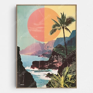 Vista panoramica delle Hawaii - Arte da parete minimalista moderna originale di metà secolo - Download digitale stampabile