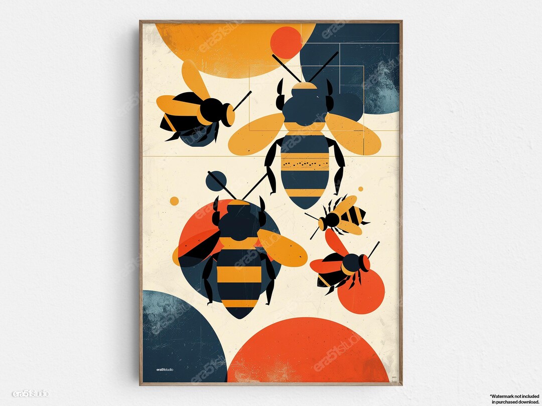 Graphic Bees - Original Mid-century Modern Minimalist Wall Art ...