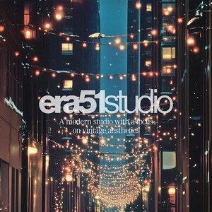 May include: An urban night scene with string lights and buildings. The text "era51studio" is displayed in white, with the tagline "A modern studio with a focus on vintage aesthetics."