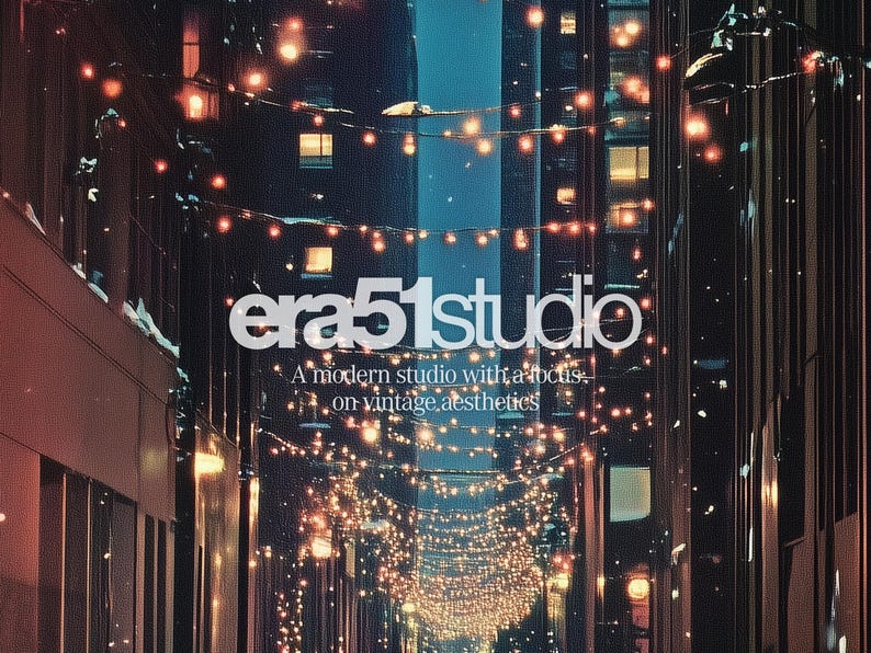 May include: An urban night scene with string lights and buildings. The text "era51studio" is displayed in white, with the tagline "A modern studio with a focus on vintage aesthetics."