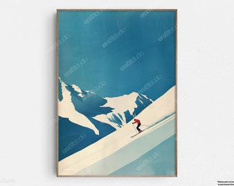 Esquiador de montaña minimalista: arte de pared minimalista moderno original de mediados de siglo: descarga digital imprimible