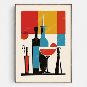 May include: A retro-style illustration of a cocktail glass with a red drink, two bottles, and a cocktail shaker. The background is a geometric pattern of red, yellow, and blue.