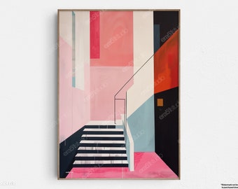 Staircase to Pink Minimalism - Original Mid-Century Modern Minimalist Wall Art - Printable Digital Download