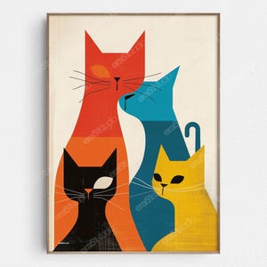 Op de afbeelding: Een digitale illustratie van vier katten die op elkaar gestapeld zijn. De bovenste kat is oranje, de tweede kat is blauw, de derde kat is zwart en de onderste kat is geel.