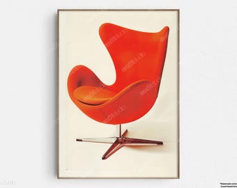 Bold Red Mid-Century Swan Chair - Original Mid-Century Modern Minimalist Wall Art - Printable Digital Download