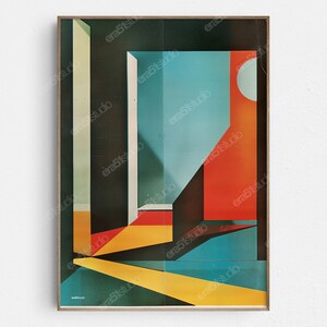 Op de afbeelding: Abstracte geometrische kunstprint met een kleurenschema in blauw, rood, geel en groen. De print bevat een reeks overlappende rechthoeken en vierkanten.