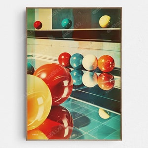 May include: A framed vintage photograph of colorful balls arranged on a shelf and reflected in a blue tiled surface. The balls are red, yellow, blue, and white.