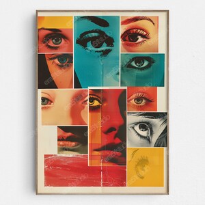May include: A collage of colourful images featuring close-ups of eyes and lips. The images are arranged in a grid pattern and have a vintage aesthetic.