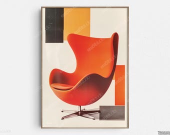 May include: A framed print featuring a mid-century modern Egg chair in shades of orange and red. The chair has a distinctive curved shape and sits on a silver star-shaped base. The background includes geometric shapes in black, orange, and gray.