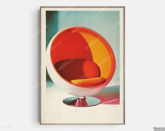 May include: A framed print of a retro-style chair. The chair is a white, orb-shaped design with a bright orange interior and a yellow-orange back. The chair sits on a silver base, and the background is a soft teal and pink.