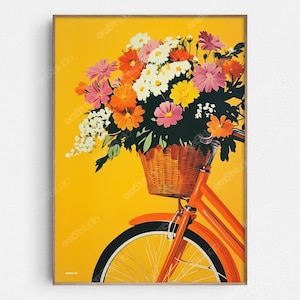 Cestini per bici colorati con fiori - Arte murale minimalista moderna originale di metà secolo - Download digitale stampabile