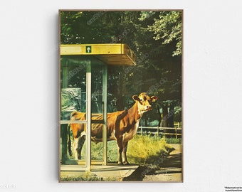 Cow at the Bus Stop - Original Mid-Century Modern Minimalist Wall Art - Printable Digital Download