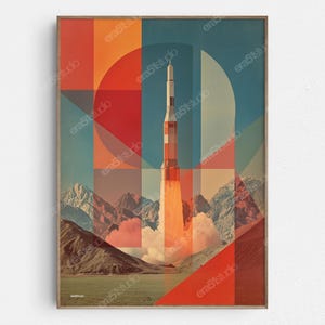 Vista abstracta de un lanzamiento de cohete - Arte mural minimalista moderno de mediados de siglo - Descarga digital imprimible