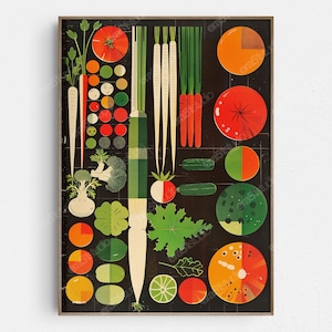 Pode incluir: Um cartaz de estilo vintage com uma ilustração colorida de vários vegetais, incluindo cenouras, rabanetes, tomates e pepinos. Os vegetais estão dispostos em uma grade sobre um fundo preto.