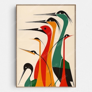 Vibrant Birds - Original Mid-Century Modern Minimalist Wall Art - Printable Digital Download