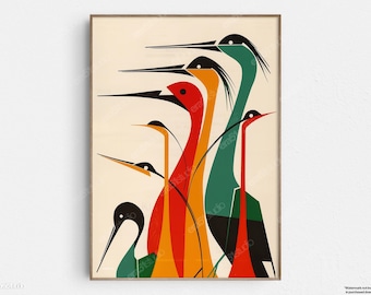 Op de afbeelding: Abstracte kunstprint met een groep gestileerde vogels met lange nekken en snavels. De vogels zijn in een gelaagde formatie gerangschikt, waarbij hun nekken en snavels elkaar overlappen. De vogels zijn geschilderd in een levendig kleurenpalet van rood, oranje, geel, groen en zwart.