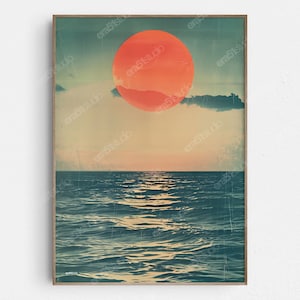 Vintage Ozean Sonnenuntergang Risograph - Original Mid-Century Modern Minimalist Wall Art - Druckbare digitale Download