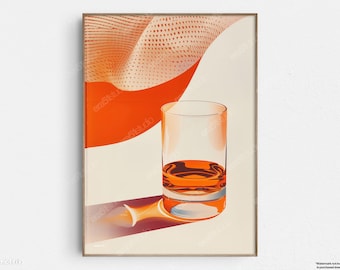 May include: A glass of amber liquid with a swirling orange and white pattern in the background.