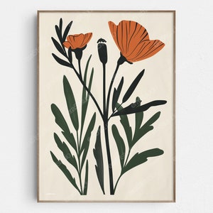 Arte botánico de amapolas de California: arte mural minimalista moderno original de mediados de siglo: descarga digital imprimible