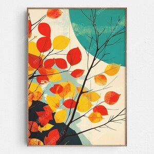 May include: Abstract art print depicting an autumn scene. The artwork features red and yellow leaves against a teal and cream background, with black branches. The print is framed in a wooden frame.