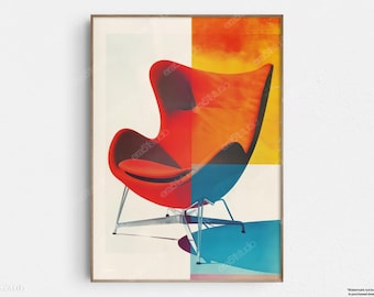 May include: A red egg-shaped chair with a chrome base sits on a colorful abstract background. The chair is a mid-century modern design.