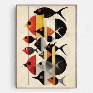 May include: Abstract art print featuring a vertical arrangement of stylized fish in shades of red, orange, yellow, black, and gray. The fish are layered on top of each other, creating a dynamic and colorful composition.